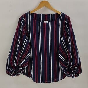 CAbi pullover blouse 5516 M blue red white stripe lightweight elastic sleeve